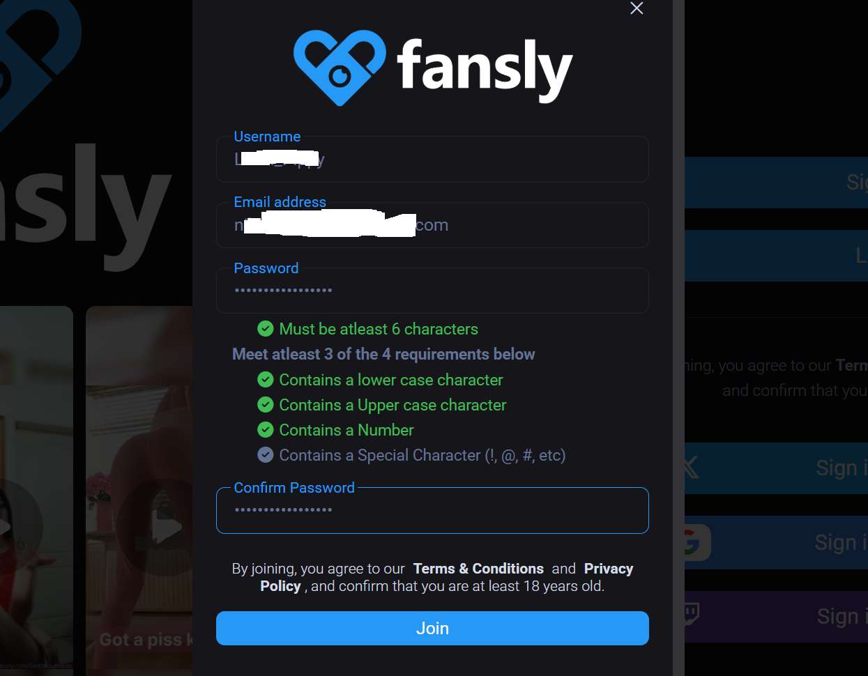 Скриншот регистрации Fansly