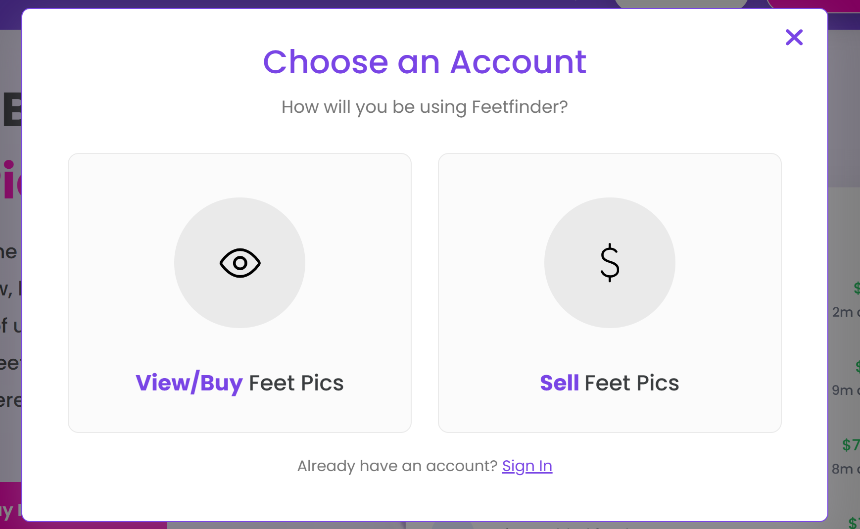 Feetfinder выбор аккаунта