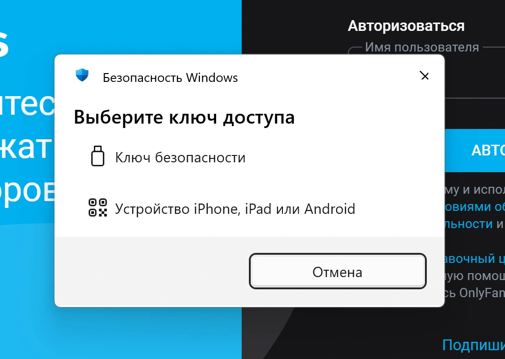 Скриншот ключ доступа OnlyFans