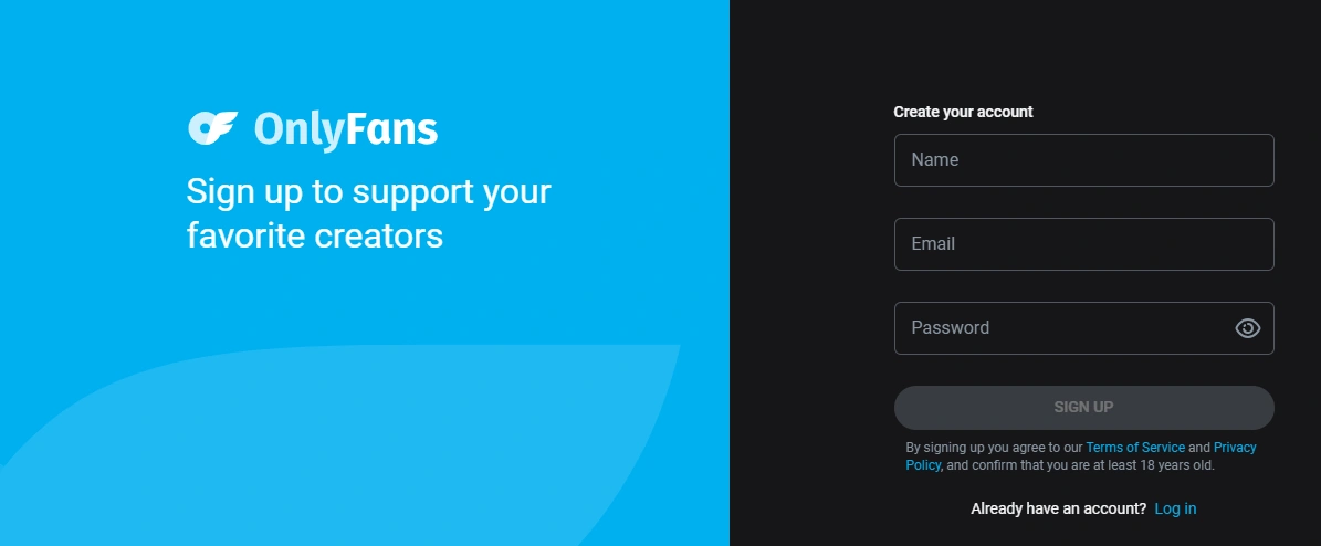 Скриншот регистрации OnlyFans