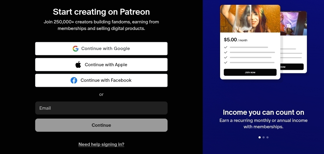 Скриншот Patreon вход