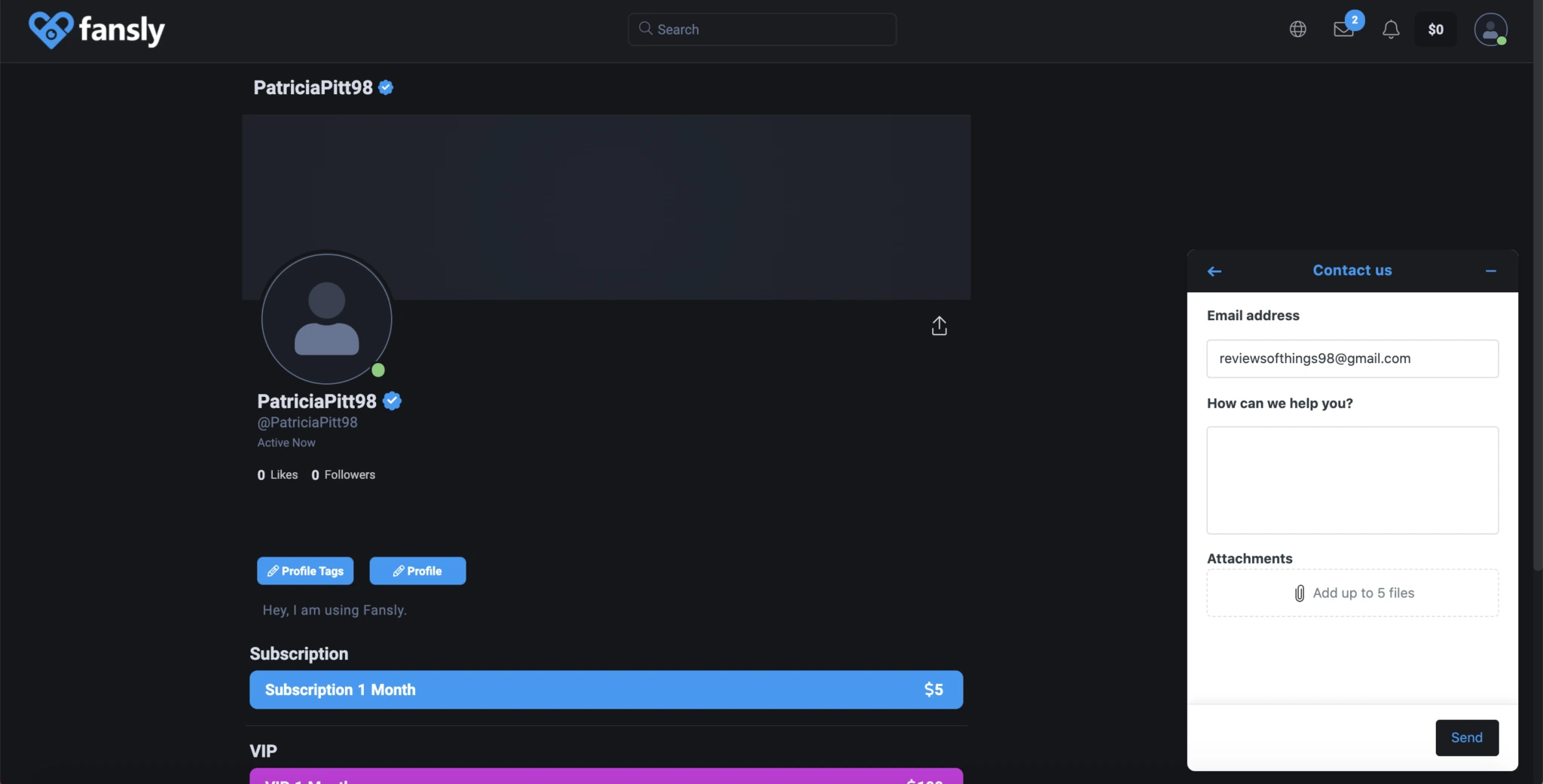 Скриншот поддержка Fansly
