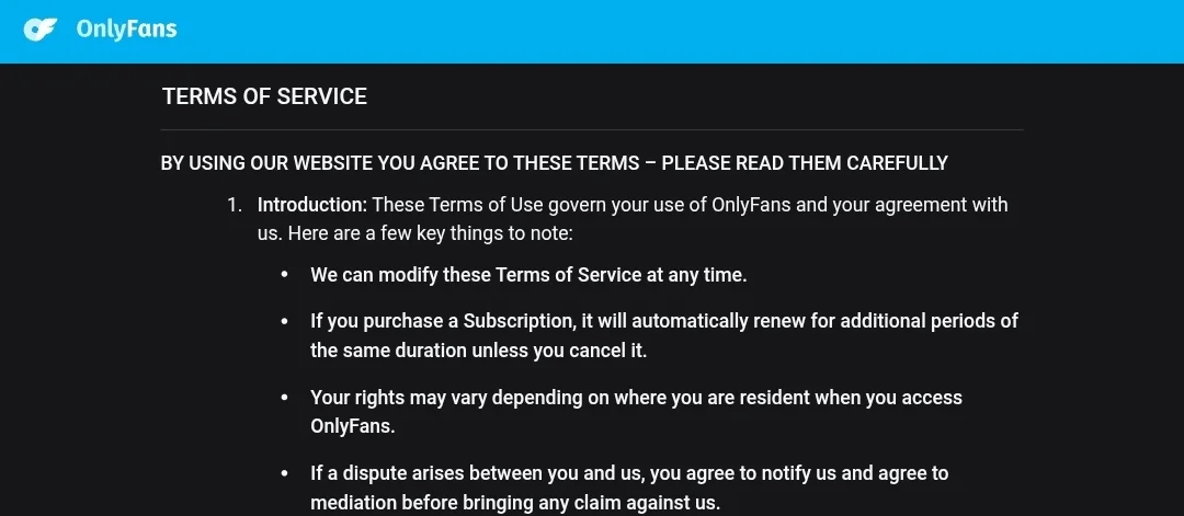 Скриншот правила сервиса OnlyFans