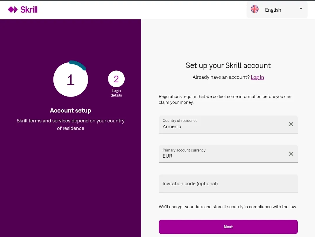 Skrill регистрация шаг 1